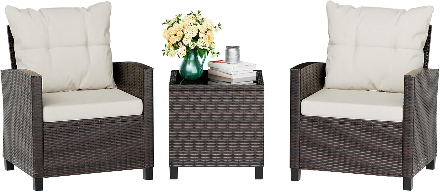 Outdoor Furniture Cushions - Beige compact 3-piece rattan wicker front