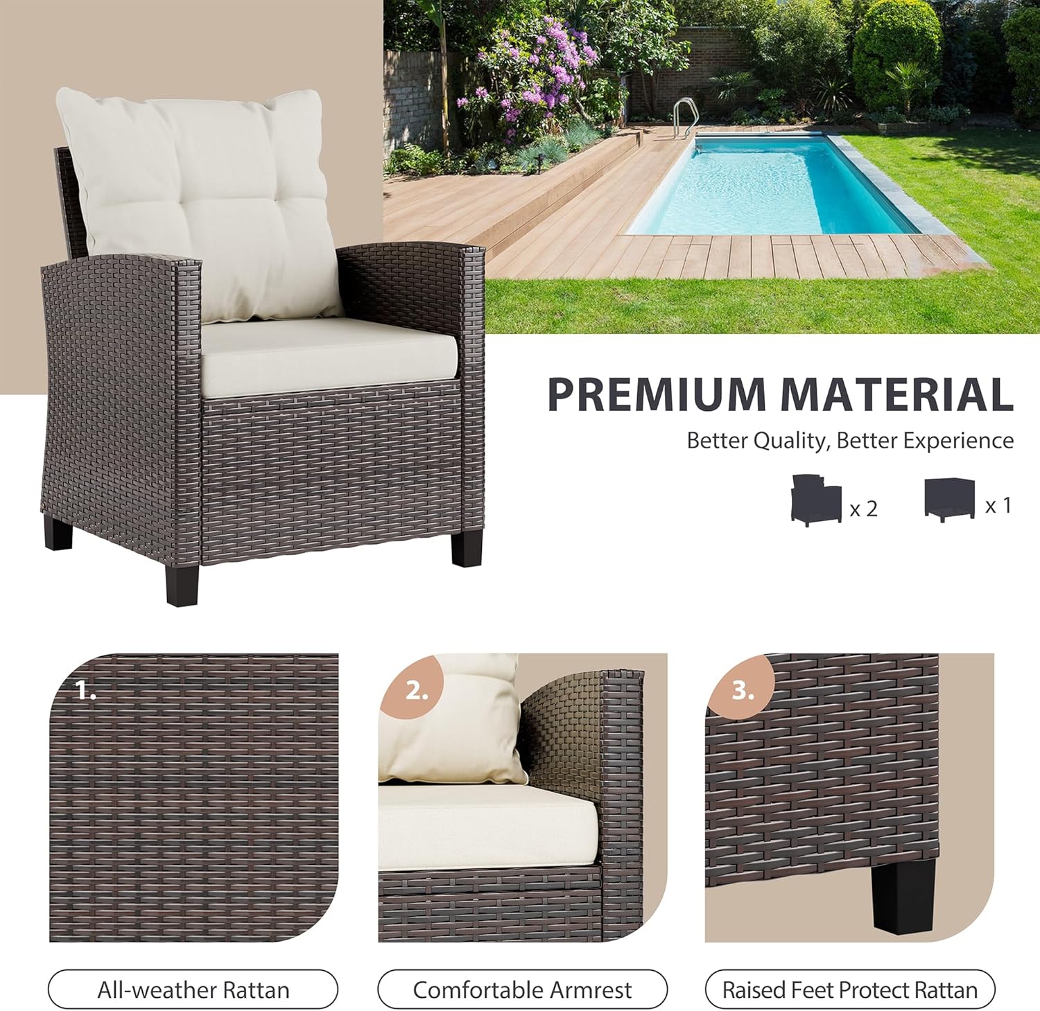 Beige compact 3-piece rattan w - đánh giá và giá Outdoor Furniture Cushions