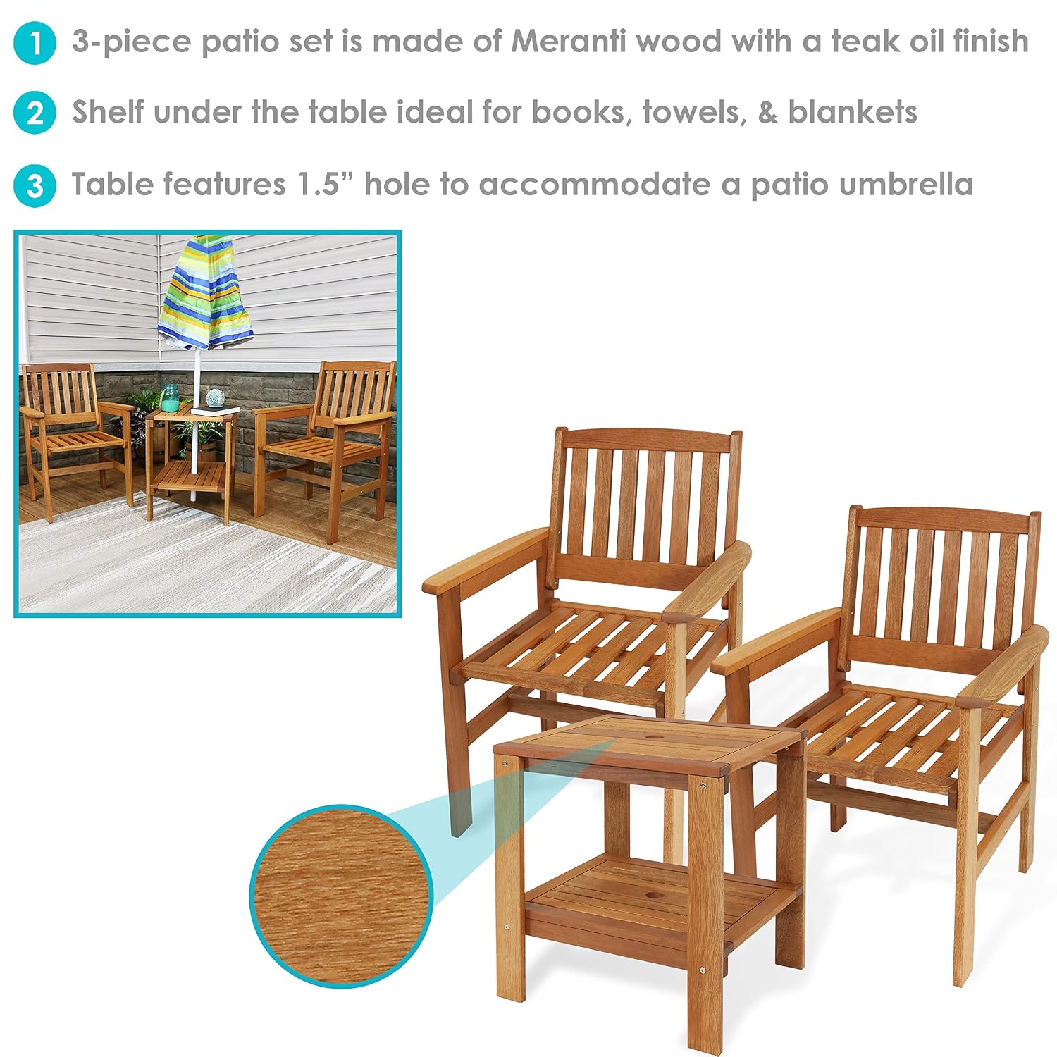 3-Piece Wood Patio Set 2 Chair - đánh giá và giá Outdoor Furniture Oil