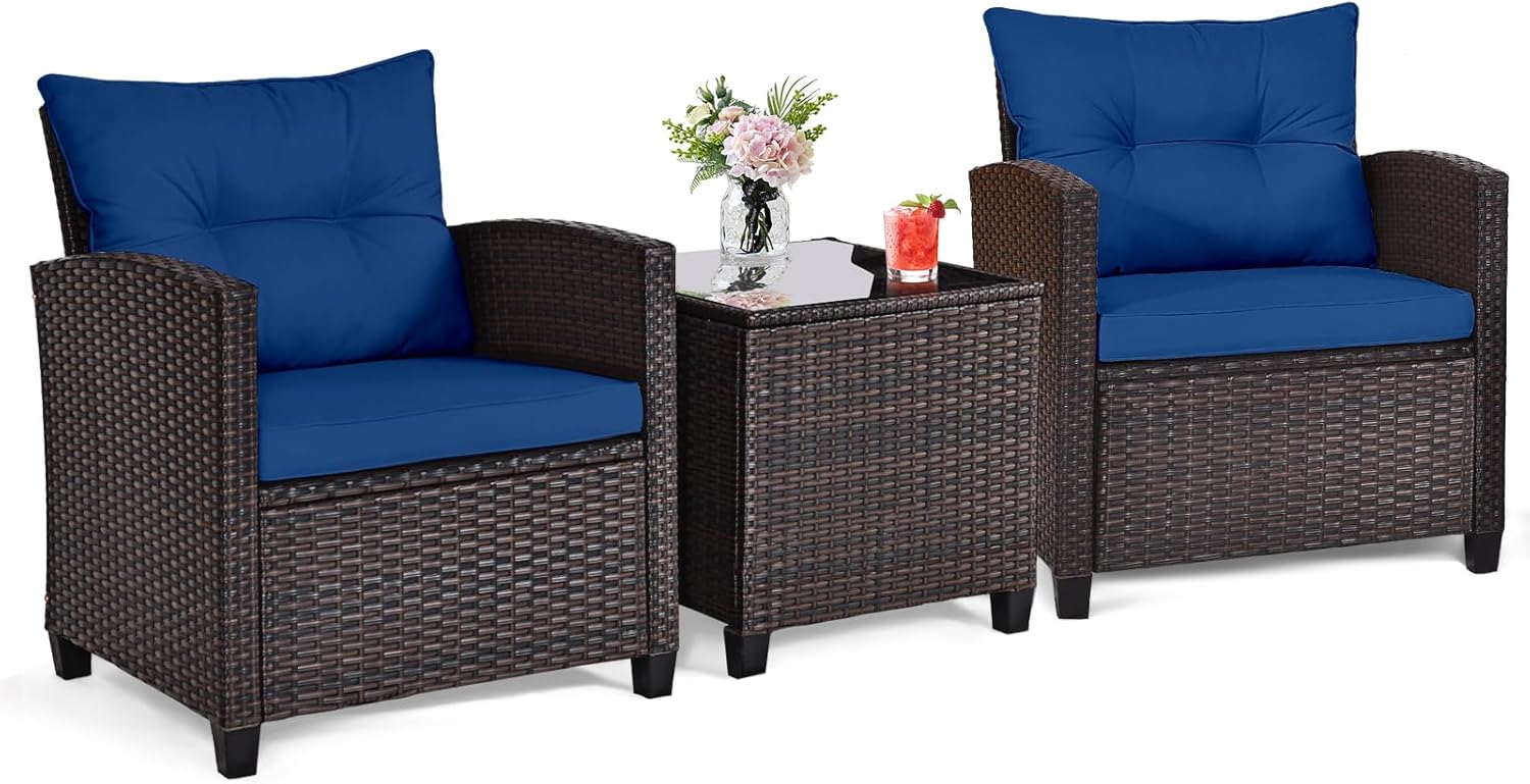 Navy blue rattan wicker 3-piec - đánh giá và giá Outdoor Furniture Cushions