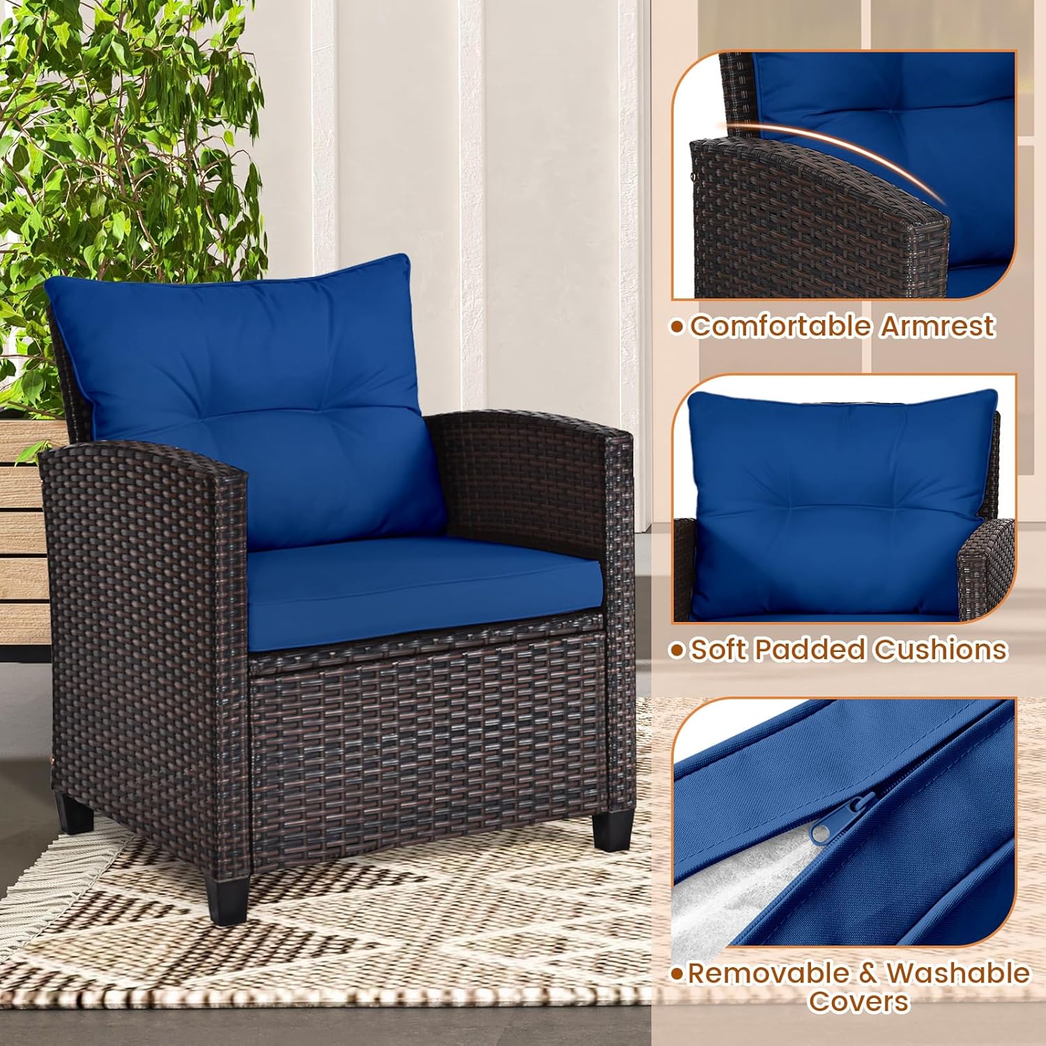 Navy blue rattan wicker 3-piec - đánh giá và giá Outdoor Furniture Cushions